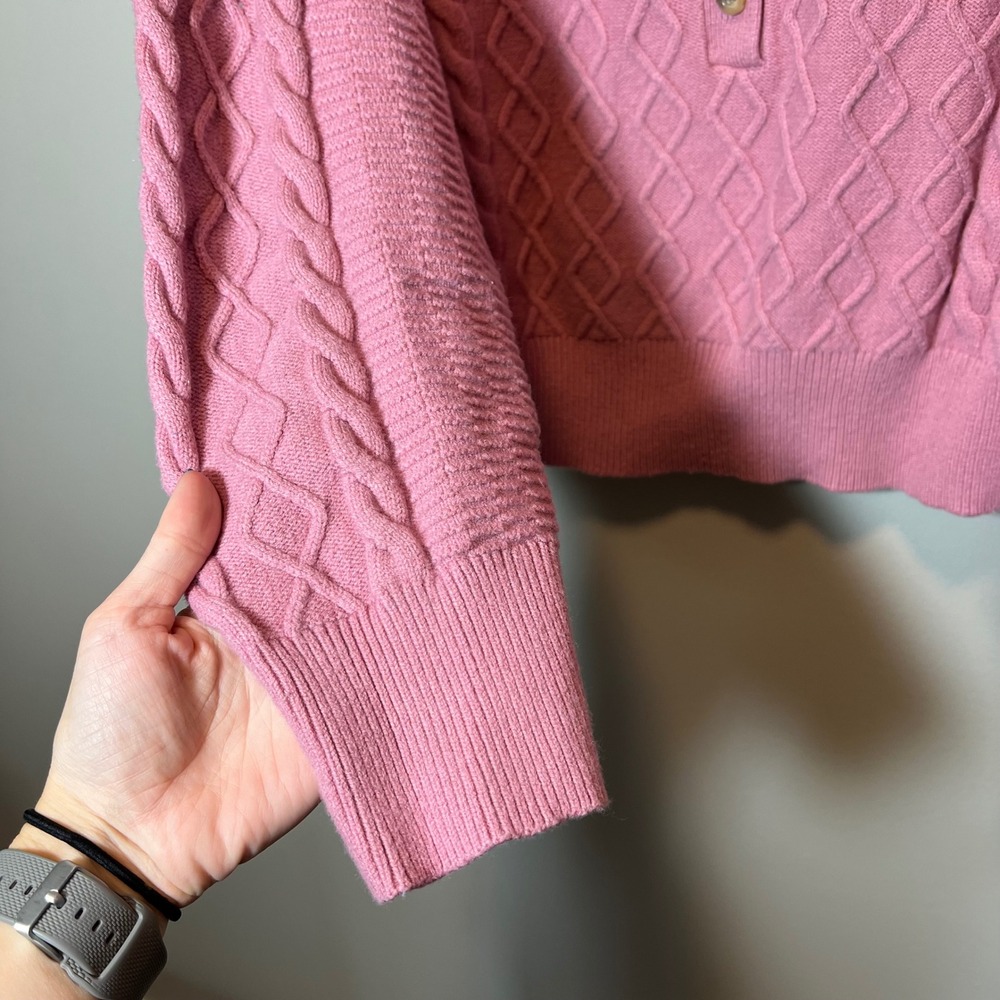 Ann Taylor Weekend Pink Cable Knit Henley Sweater Women's Large Button Up - Picture 5 of 11